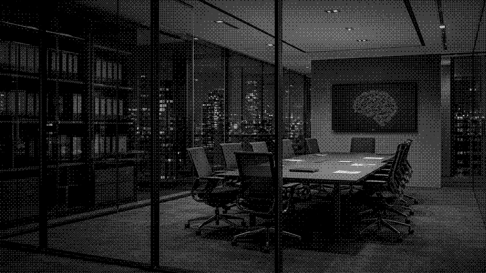 An empty glass meeting room with the record still on the screen